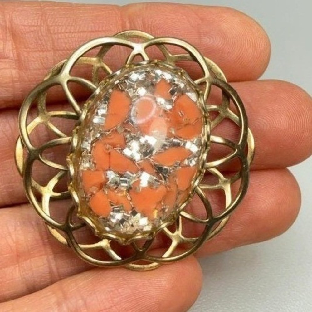 Vintage‎ Gold Tone Confetti Lucite Brooch MCM 1950s